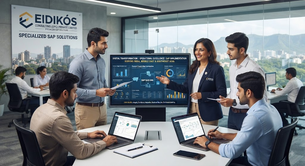 SAP consultants collaborating on laptops during an implementation project